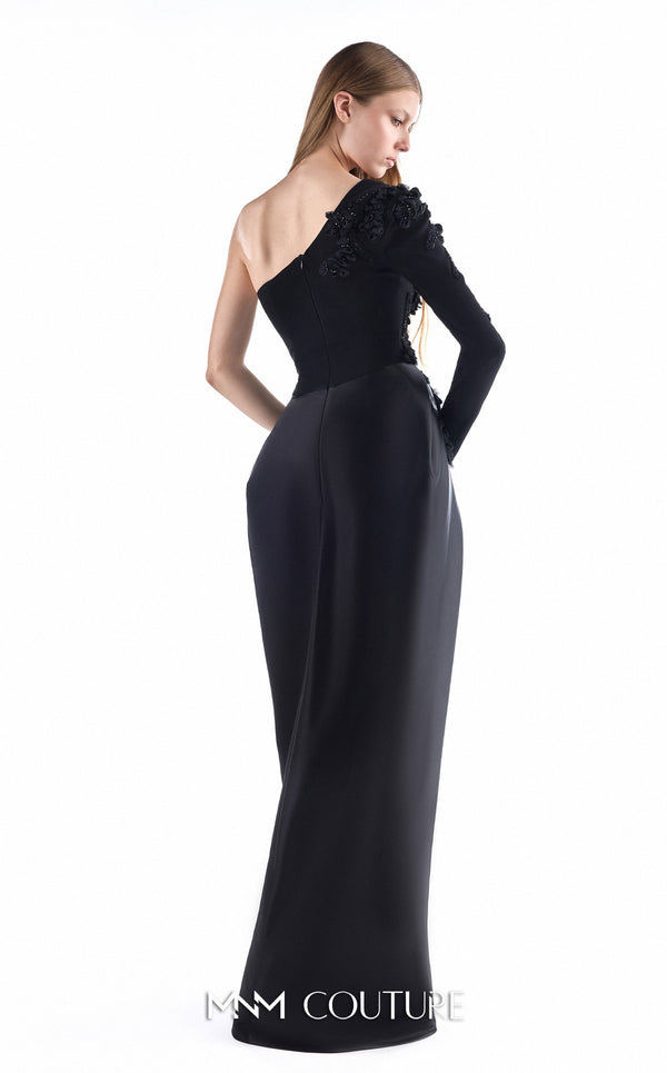 MNM Couture G2250 black crepe, mikado, and handmade embroidery one-shoulder column gown with embroidered single sleeve, sculptural mikado draped skirt, and thigh-high slit | Couture Shop LA.