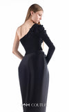 MNM Couture G2250 black crepe, mikado, and handmade embroidery one-shoulder column gown with embroidered single sleeve, sculptural mikado draped skirt, and thigh-high slit | Couture Shop LA.