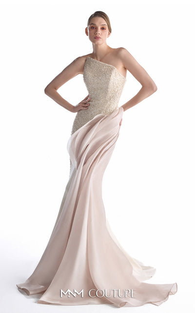 MNM Couture G2251 nude and blush beaded lace and Organza Gommé asymmetrical mermaid gown with hand-embellished lace bodice, sculptural Organza Gommé hip drape, and sweeping train | Couture Shop LA.