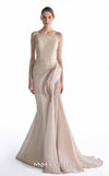 MNM Couture G2251 nude and blush beaded lace and Organza Gommé asymmetrical mermaid gown with hand-embellished lace bodice, sculptural Organza Gommé hip drape, and sweeping train | Couture Shop LA.