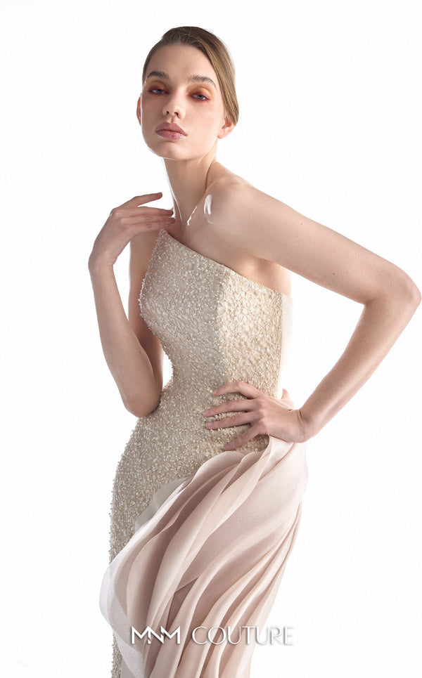 MNM Couture G2251 nude and blush beaded lace and Organza Gommé asymmetrical mermaid gown with hand-embellished lace bodice, sculptural Organza Gommé hip drape, and sweeping train | Couture Shop LA.