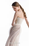 MNM Couture G2251 nude and blush beaded lace and Organza Gommé asymmetrical mermaid gown with hand-embellished lace bodice, sculptural Organza Gommé hip drape, and sweeping train | Couture Shop LA.