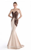 MNM Couture G2253 nude and cocoa crepe, liquid organza, and lace strapless sweetheart fitted mermaid gown with sculptural liquid organza draping, hand-applied lace appliqué, and asymmetrical hip detail | Couture Shop LA.