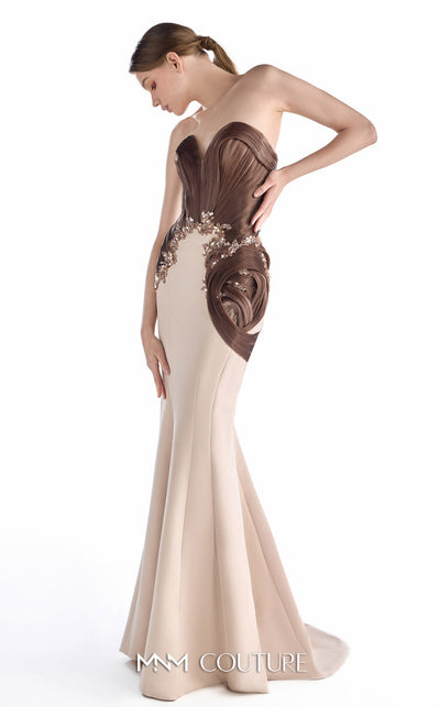 MNM Couture G2253 nude and cocoa crepe, liquid organza, and lace strapless sweetheart fitted mermaid gown with sculptural liquid organza draping, hand-applied lace appliqué, and asymmetrical hip detail | Couture Shop LA.