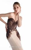 MNM Couture G2253 nude and cocoa crepe, liquid organza, and lace strapless sweetheart fitted mermaid gown with sculptural liquid organza draping, hand-applied lace appliqué, and asymmetrical hip detail | Couture Shop LA.