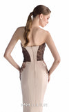 MNM Couture G2253 nude and cocoa crepe, liquid organza, and lace strapless sweetheart fitted mermaid gown with sculptural liquid organza draping, hand-applied lace appliqué, and asymmetrical hip detail | Couture Shop LA.