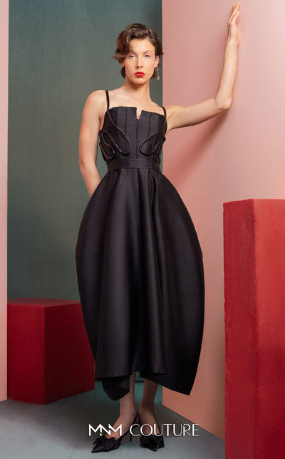 MNM Couture GOF2501 dress featuring a gold champagne sequin mini dress with an angular strapless bodice and a voluminous puffy organza overlay skirt. | Couture Shop LA