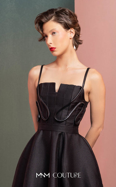 MNM Couture GOF2501 dress featuring a gold champagne sequin mini dress with an angular strapless bodice and a voluminous puffy organza overlay skirt. | Couture Shop LA