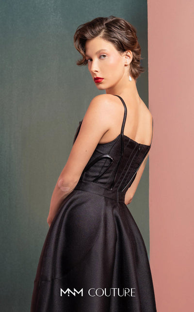 MNM Couture GOF2501 dress featuring a gold champagne sequin mini dress with an angular strapless bodice and a voluminous puffy organza overlay skirt. | Couture Shop LA