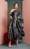 MNM Couture GOF2503 dress in coral taffeta, featuring a draped strapless bodice and a voluminous, asymmetrical high-low skirt. | Couture Shop LA