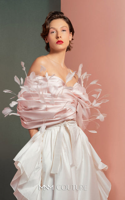 MNM Couture GOF2504 one-shoulder dress in black taffeta, featuring an oversized sculptural ruffle and an asymmetrical skirt with a high side slit. | Couture Shop LA