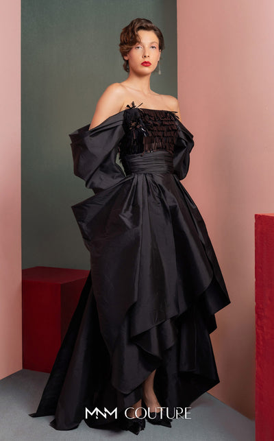 MNM Couture GOF2506 ball gown with a ruched strapless bodice and a voluminous full-length skirt crafted from layers of silver taffeta and delicate tulle. | Couture Shop LA