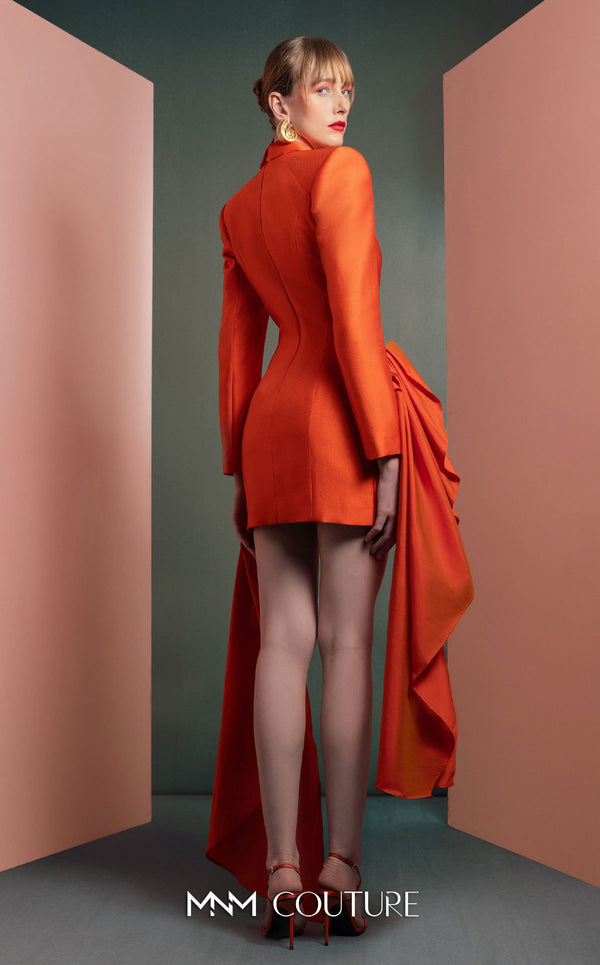 MNM Couture GOF2507 one-shoulder dress in silver taffeta, featuring a sculptural, draped silhouette that flows into an elegant train. | Couture Shop LA