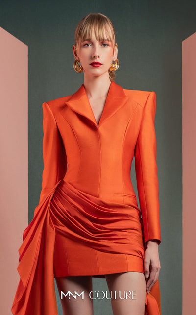 MNM Couture GOF2507 one-shoulder dress in silver taffeta, featuring a sculptural, draped silhouette that flows into an elegant train. | Couture Shop LA