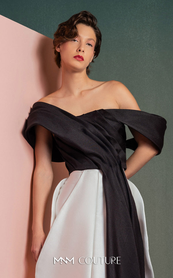 MNM Couture GOF2508 strapless dress in royal blue mikado piqué, featuring a fitted bodice with an asymmetrical peplum detail and a sleek pencil skirt. | Couture Shop LA