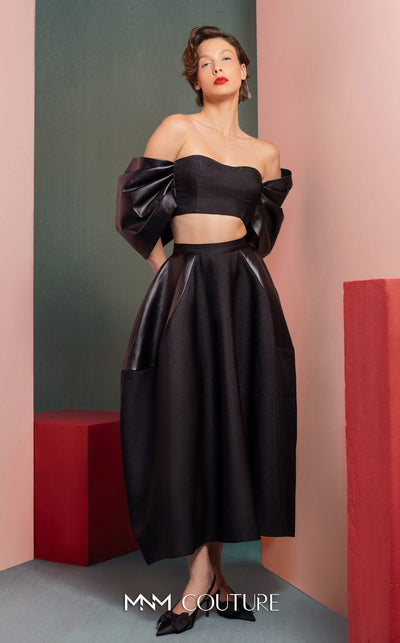 MNM Couture GOF2509 gown featuring an intricately embellished illusion tulle bodice and a full, voluminous skirt made of luxurious silver taffeta. | Couture Shop LA