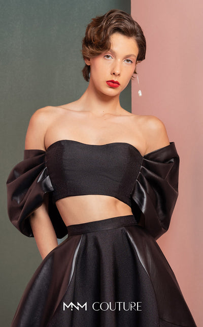 MNM Couture GOF2509 gown featuring an intricately embellished illusion tulle bodice and a full, voluminous skirt made of luxurious silver taffeta. | Couture Shop LA