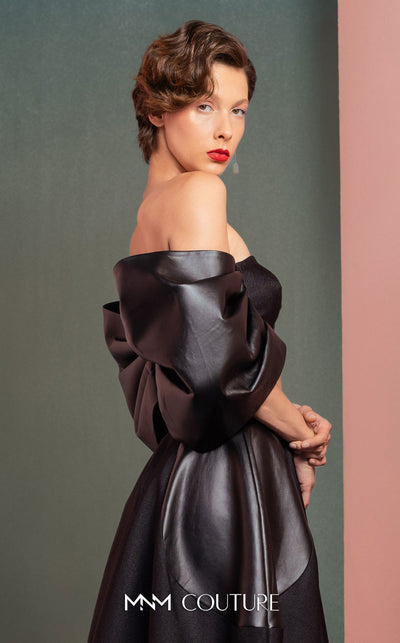 MNM Couture GOF2509 gown featuring an intricately embellished illusion tulle bodice and a full, voluminous skirt made of luxurious silver taffeta. | Couture Shop LA