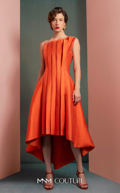 MNM Couture GOF2510 gown in vibrant red taffeta, featuring a dramatic off-shoulder neckline with cascading ruffles and a sleek, floor-length skirt. | Couture Shop LA