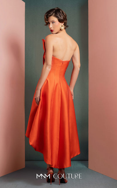 MNM Couture GOF2510 gown in vibrant red taffeta, featuring a dramatic off-shoulder neckline with cascading ruffles and a sleek, floor-length skirt. | Couture Shop LA