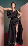 MNM Couture GOF2511 two-piece ensemble in black taffeta, featuring a sophisticated top with an oversized statement bow and a matching voluminous, floor-length skirt. | Couture Shop LA
