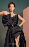 MNM Couture GOF2511 two-piece ensemble in black taffeta, featuring a sophisticated top with an oversized statement bow and a matching voluminous, floor-length skirt. | Couture Shop LA