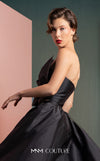 MNM Couture GOF2511 two-piece ensemble in black taffeta, featuring a sophisticated top with an oversized statement bow and a matching voluminous, floor-length skirt. | Couture Shop LA