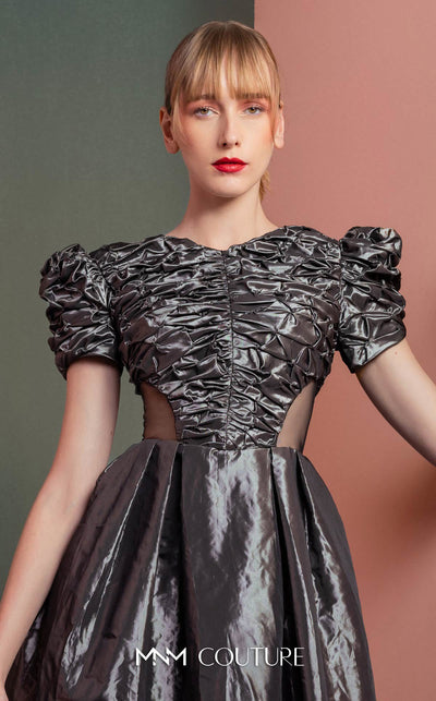 MNM Couture GOF2512 dress in anthracite taffeta, featuring a ruched bodice, voluminous puff sleeves, an A-line midi skirt, and transparent mesh side panels. | Couture Shop LA