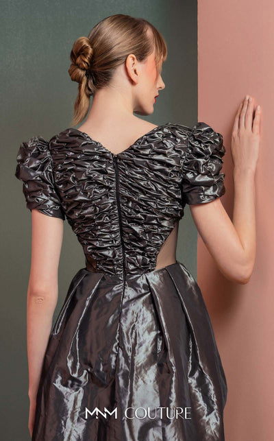 MNM Couture GOF2512 dress in anthracite taffeta, featuring a ruched bodice, voluminous puff sleeves, an A-line midi skirt, and transparent mesh side panels. | Couture Shop LA