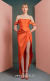 MNM Couture GOF2513 two-piece ensemble in vibrant orange, featuring a structured off-shoulder mikado piqué corset top and a matching draped taffeta skirt with a high slit. | Couture Shop LA