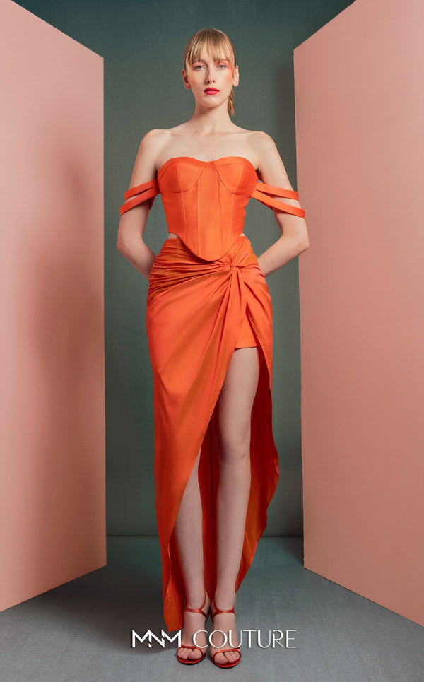 MNM Couture GOF2513 two-piece ensemble in vibrant orange, featuring a structured off-shoulder mikado piqué corset top and a matching draped taffeta skirt with a high slit. | Couture Shop LA
