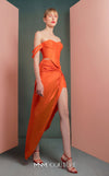 MNM Couture GOF2513 two-piece ensemble in vibrant orange, featuring a structured off-shoulder mikado piqué corset top and a matching draped taffeta skirt with a high slit. | Couture Shop LA
