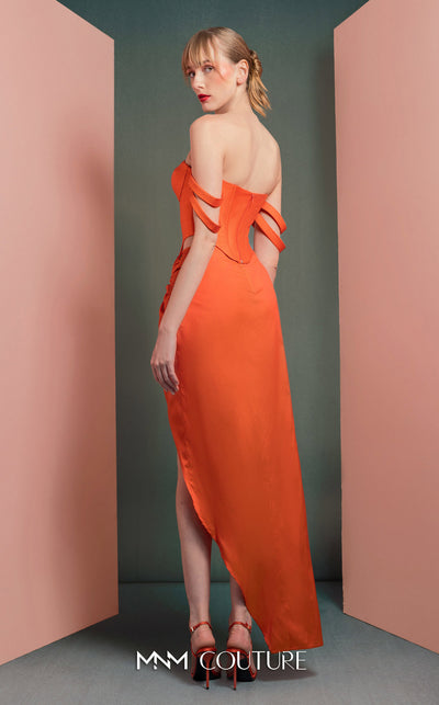 MNM Couture GOF2513 two-piece ensemble in vibrant orange, featuring a structured off-shoulder mikado piqué corset top and a matching draped taffeta skirt with a high slit. | Couture Shop LA