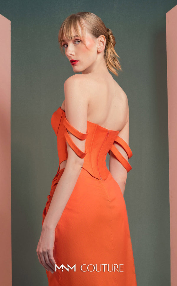 MNM Couture GOF2513 two-piece ensemble in vibrant orange, featuring a structured off-shoulder mikado piqu� corset top and a matching draped taffeta skirt with a high slit. | Couture Shop LA