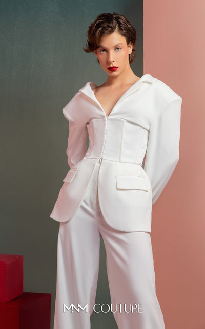 MNM Couture GOF2514 two-piece ensemble in white crepe, featuring a structured blazer with built-in corset detailing and matching high-waisted, wide-leg pants. | Couture Shop LA