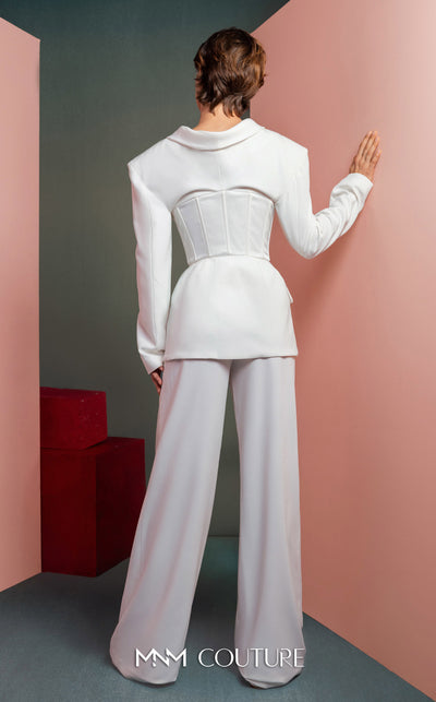 MNM Couture GOF2514 two-piece ensemble in white crepe, featuring a structured blazer with built-in corset detailing and matching high-waisted, wide-leg pants. | Couture Shop LA