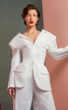 MNM Couture GOF2514 two-piece ensemble in white crepe, featuring a structured blazer with built-in corset detailing and matching high-waisted, wide-leg pants. | Couture Shop LA