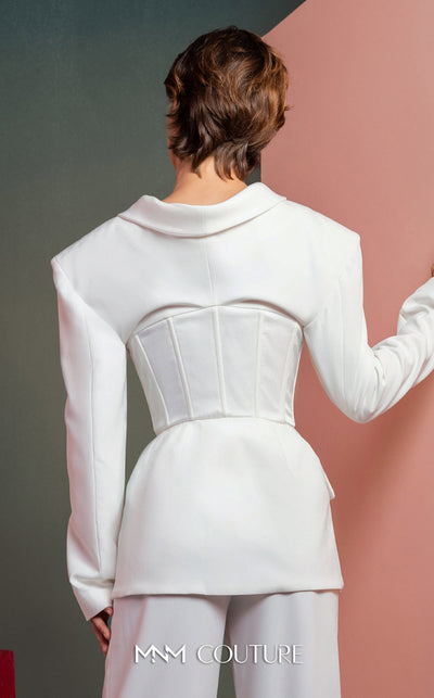 MNM Couture GOF2514 two-piece ensemble in white crepe, featuring a structured blazer with built-in corset detailing and matching high-waisted, wide-leg pants. | Couture Shop LA
