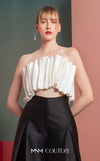MNM Couture GOF2516 two-piece black-and-white ensemble, featuring a white pleated taffeta crop top and black high-waisted, wide-leg taffeta pants. | Couture Shop LA