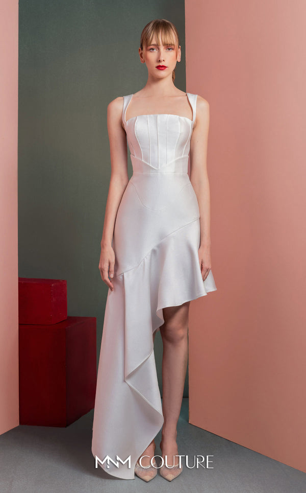 MNM Couture GOF2517 dress in white mikado piqué, featuring a structured bodice with thin straps and a gracefully flowing asymmetrical high-low skirt. | Couture Shop LA