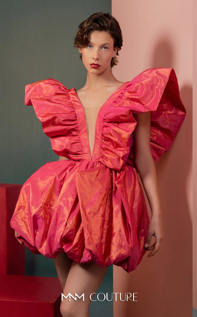MNM Couture GOF2518 party dress in coral metallic taffeta, featuring dramatic ruffled sleeves, a deep V-neckline, and a voluminous bubble skirt. | Couture Shop LA