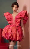 MNM Couture GOF2518 party dress in coral metallic taffeta, featuring dramatic ruffled sleeves, a deep V-neckline, and a voluminous bubble skirt. | Couture Shop LA