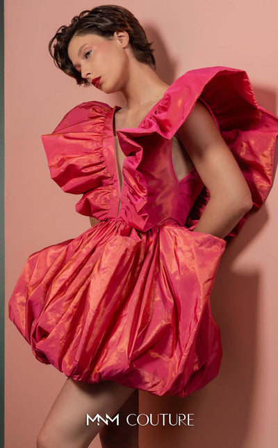 MNM Couture GOF2518 party dress in coral metallic taffeta, featuring dramatic ruffled sleeves, a deep V-neckline, and a voluminous bubble skirt. | Couture Shop LA