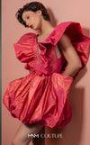 MNM Couture GOF2518 party dress in coral metallic taffeta, featuring dramatic ruffled sleeves, a deep V-neckline, and a voluminous bubble skirt. | Couture Shop LA