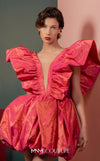MNM Couture GOF2518 party dress in coral metallic taffeta, featuring dramatic ruffled sleeves, a deep V-neckline, and a voluminous bubble skirt. | Couture Shop LA