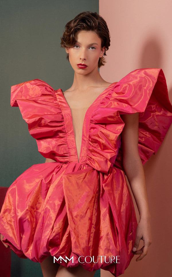MNM Couture GOF2518 party dress in coral metallic taffeta, featuring dramatic ruffled sleeves, a deep V-neckline, and a voluminous bubble skirt. | Couture Shop LA