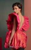 MNM Couture GOF2518 party dress in coral metallic taffeta, featuring dramatic ruffled sleeves, a deep V-neckline, and a voluminous bubble skirt. | Couture Shop LA