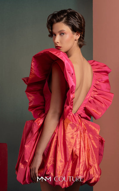MNM Couture GOF2518 party dress in coral metallic taffeta, featuring dramatic ruffled sleeves, a deep V-neckline, and a voluminous bubble skirt. | Couture Shop LA