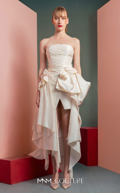 MNM Couture GOF2519 strapless dress in white taffeta, featuring a draped bodice, an asymmetrical hemline, and voluminous cascading ruffles down the side. | Couture Shop LA