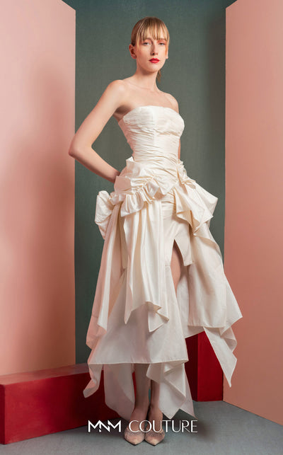 MNM Couture GOF2519 strapless dress in white taffeta, featuring a draped bodice, an asymmetrical hemline, and voluminous cascading ruffles down the side. | Couture Shop LA